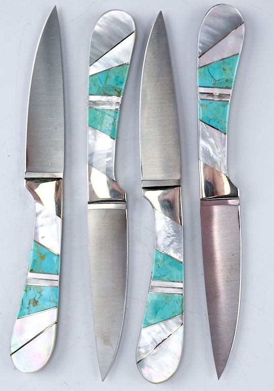 Appraisal: Santa Fe Stoneworks Gemstone Inlaid Steak Knives Santa Fe Stoneworks