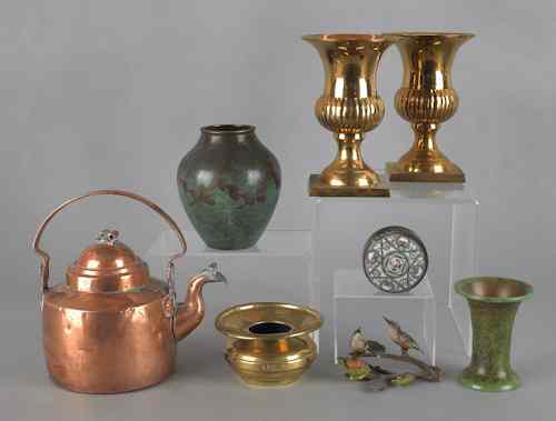 Appraisal: Miscellaneous metalware to include a copper kettle two brass urns