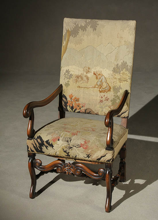 Appraisal: Louis XIV Style Walnut Armchair Circa With Flemish tapestry upholstery