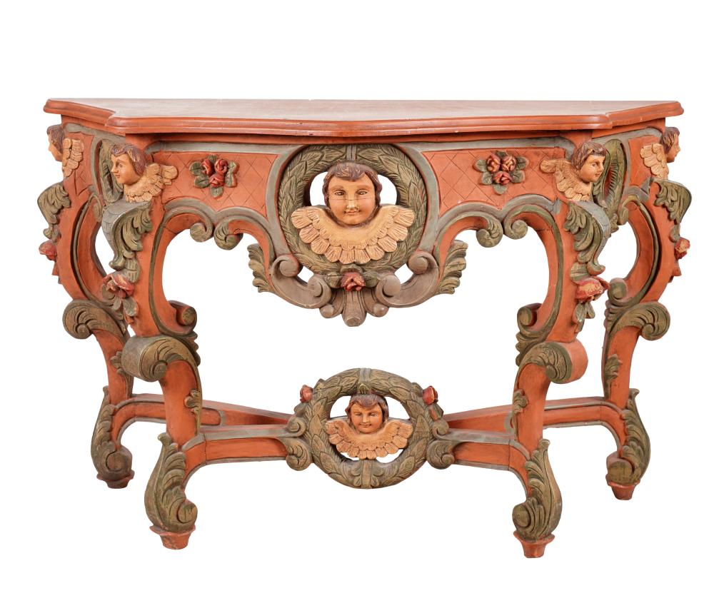 Appraisal: ITALIAN BAROQUE-STYLE PAINTED WOOD CONSOLEthe pierced apron carved with cherub's