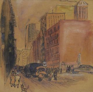 Appraisal: NUSSBAUM Ervin Ink and Watercolor on Paper New York Street