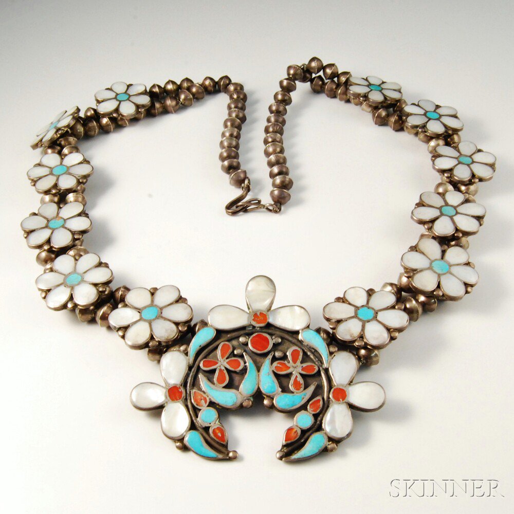 Appraisal: Mother-of-pearl Turquoise Coral and Silver-plated Squash Blossom Necklace lg in