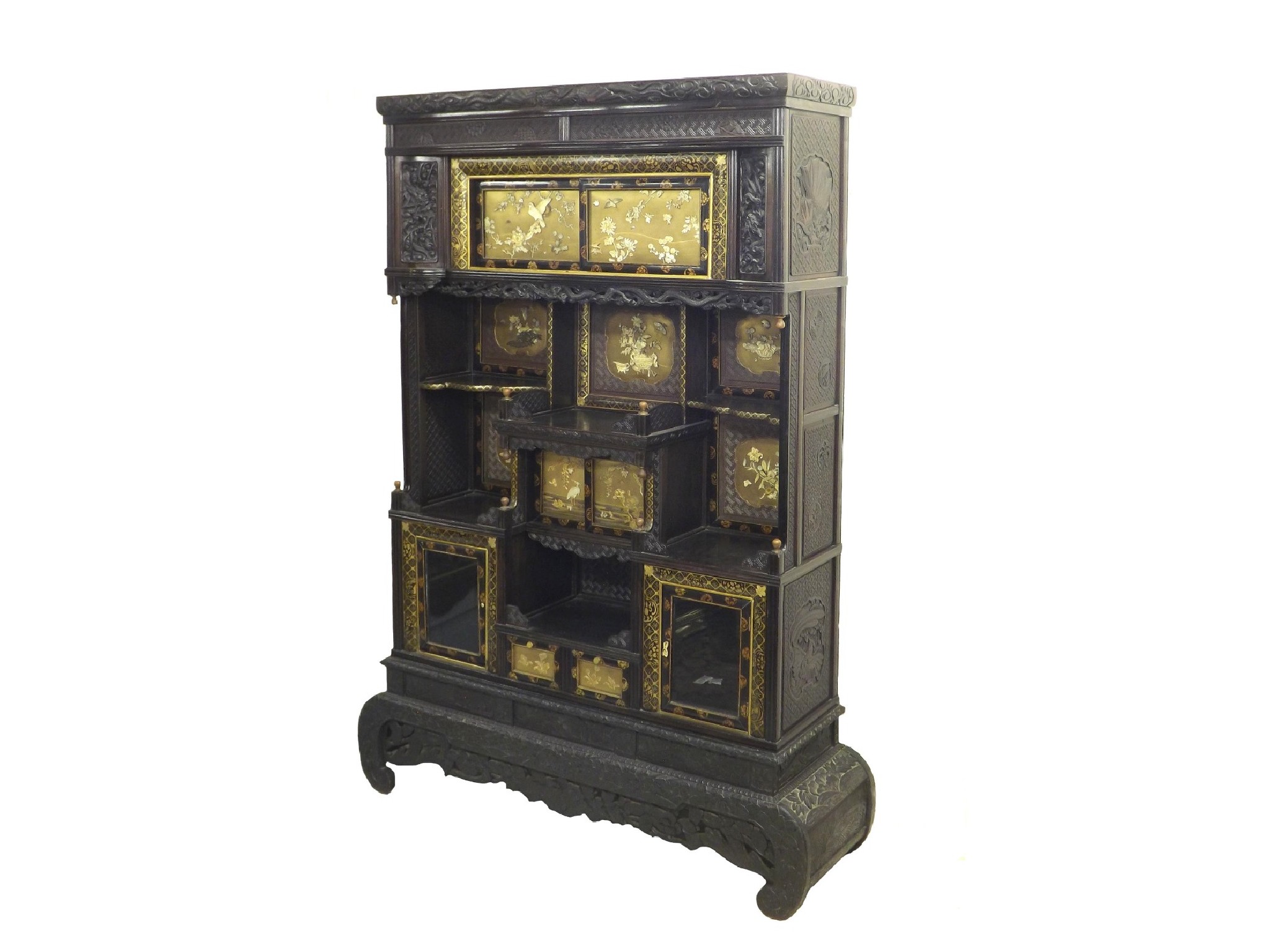 Appraisal: Large Japanese Shibayama cabinet fitted with an arrangement nine gilt