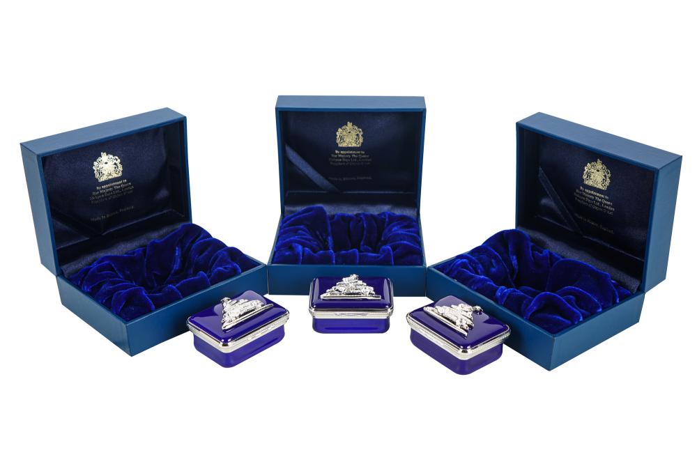 Appraisal: GROUP OF HALCYON DAYS ENAMELED BOXEScomprising navy blue enamel metal