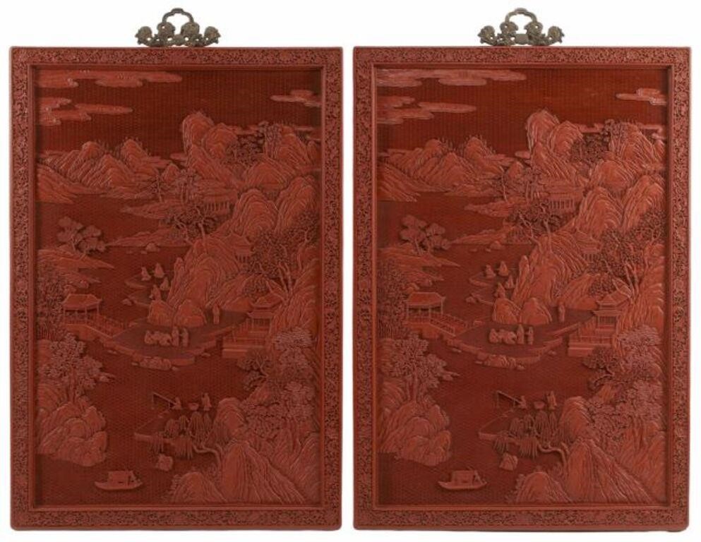 Appraisal: pair Chinese cinnabar landscape wall panels approx h w