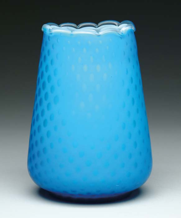 Appraisal: MOP SATIN VASE Muslin pattern blue glass vase with applied