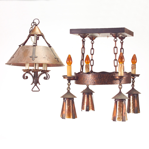 Appraisal: Two wrought metal hanging lamps one with conical cut-out shade