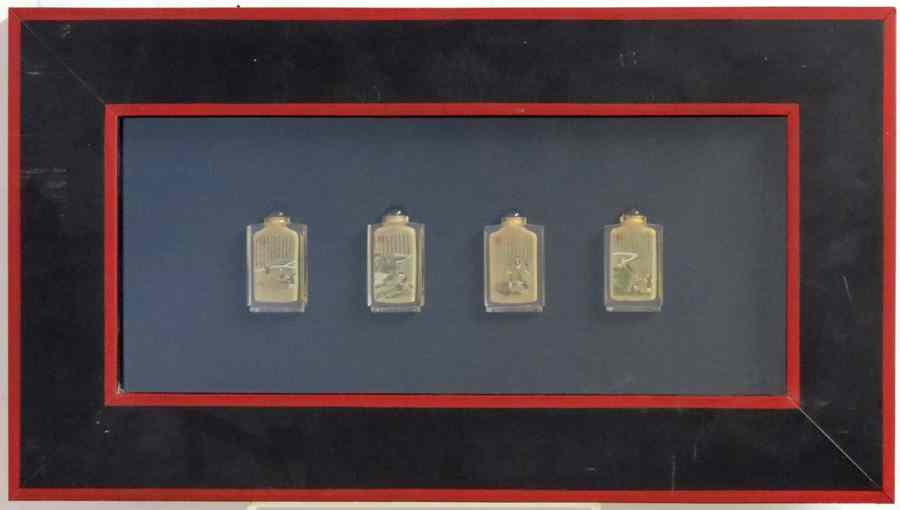 Appraisal: FOUR REVERSE PAINTED GLASS SNUFF BOTTLES Framed Condition No Specific