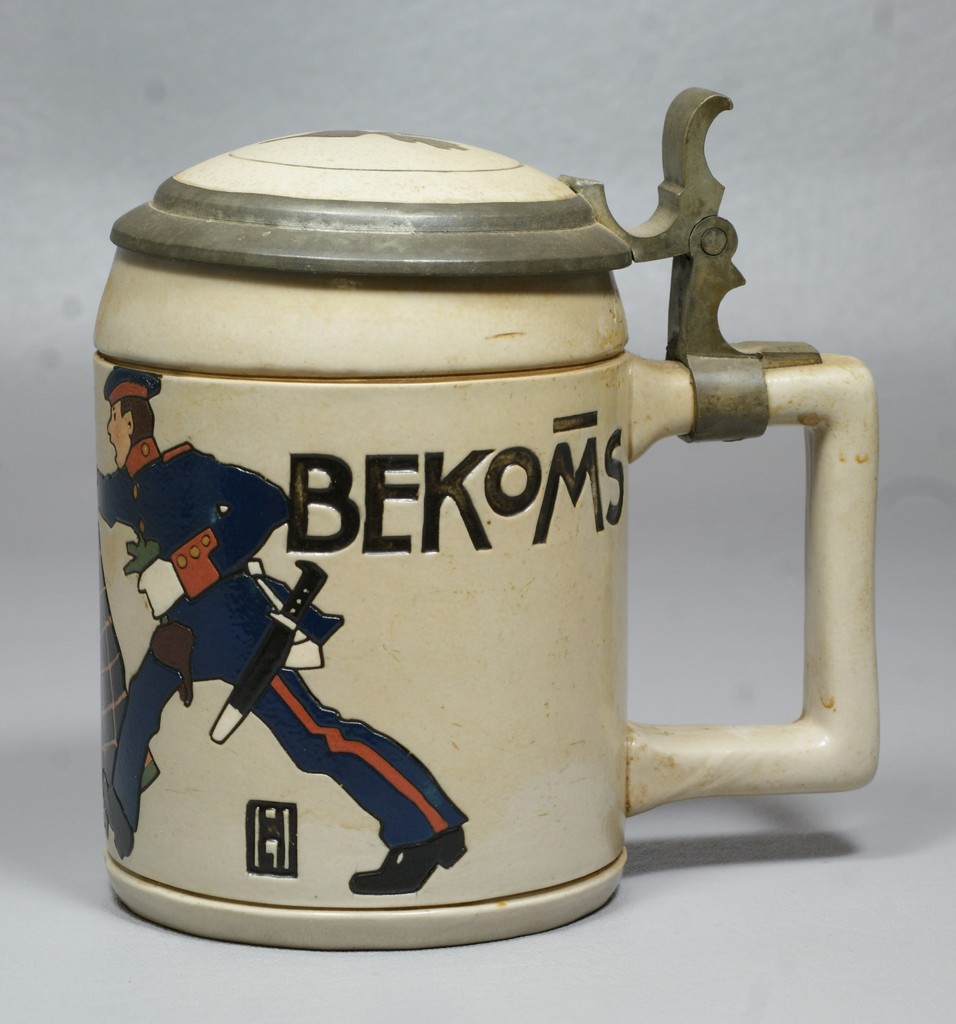 Appraisal: Mettlach stein litre Wohl Bekoms Soldier Chasing a Barmaid decorated