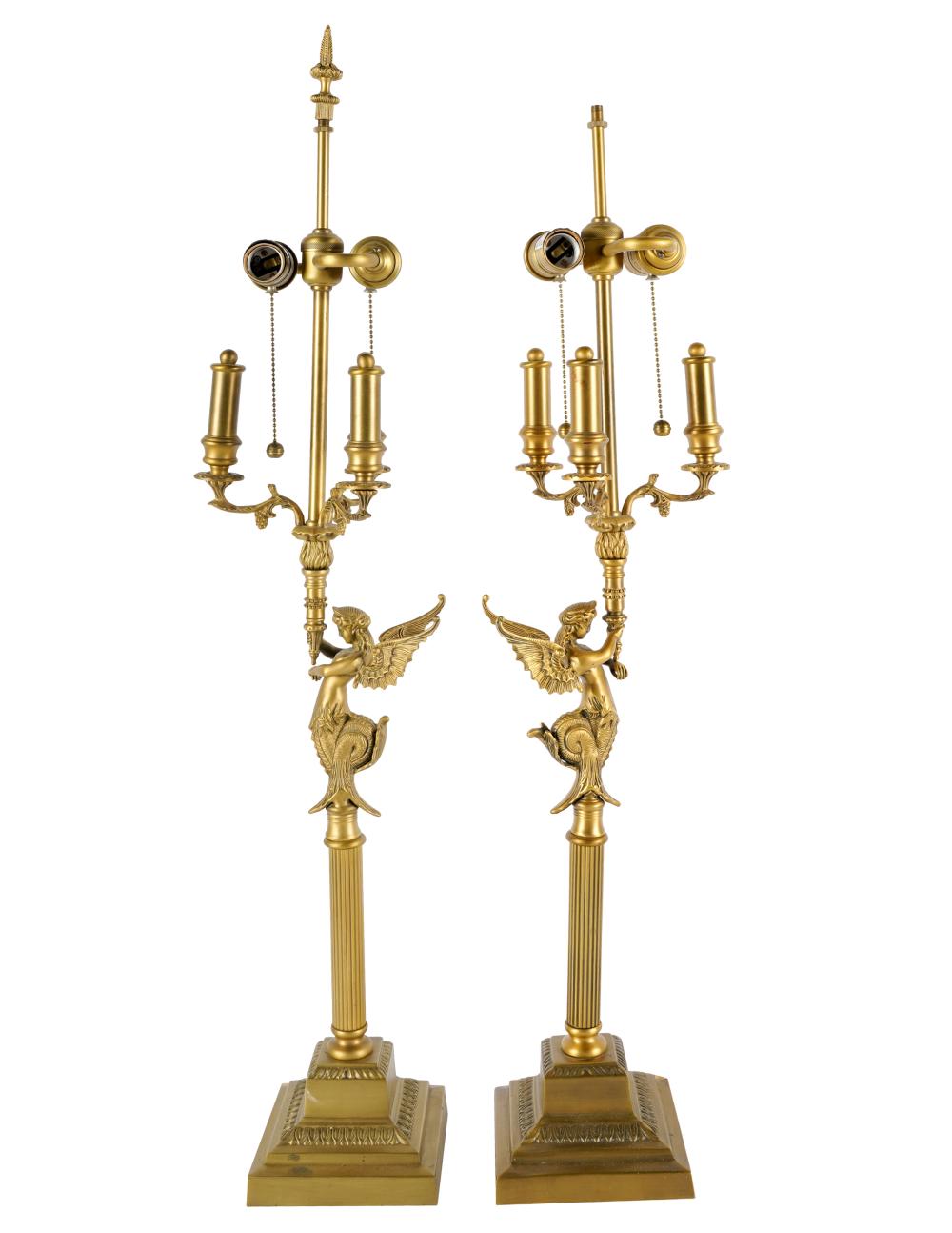 Appraisal: PAIR OF EMPIRE-STYLE GILT METAL TABLE LAMPSeach with two soclets