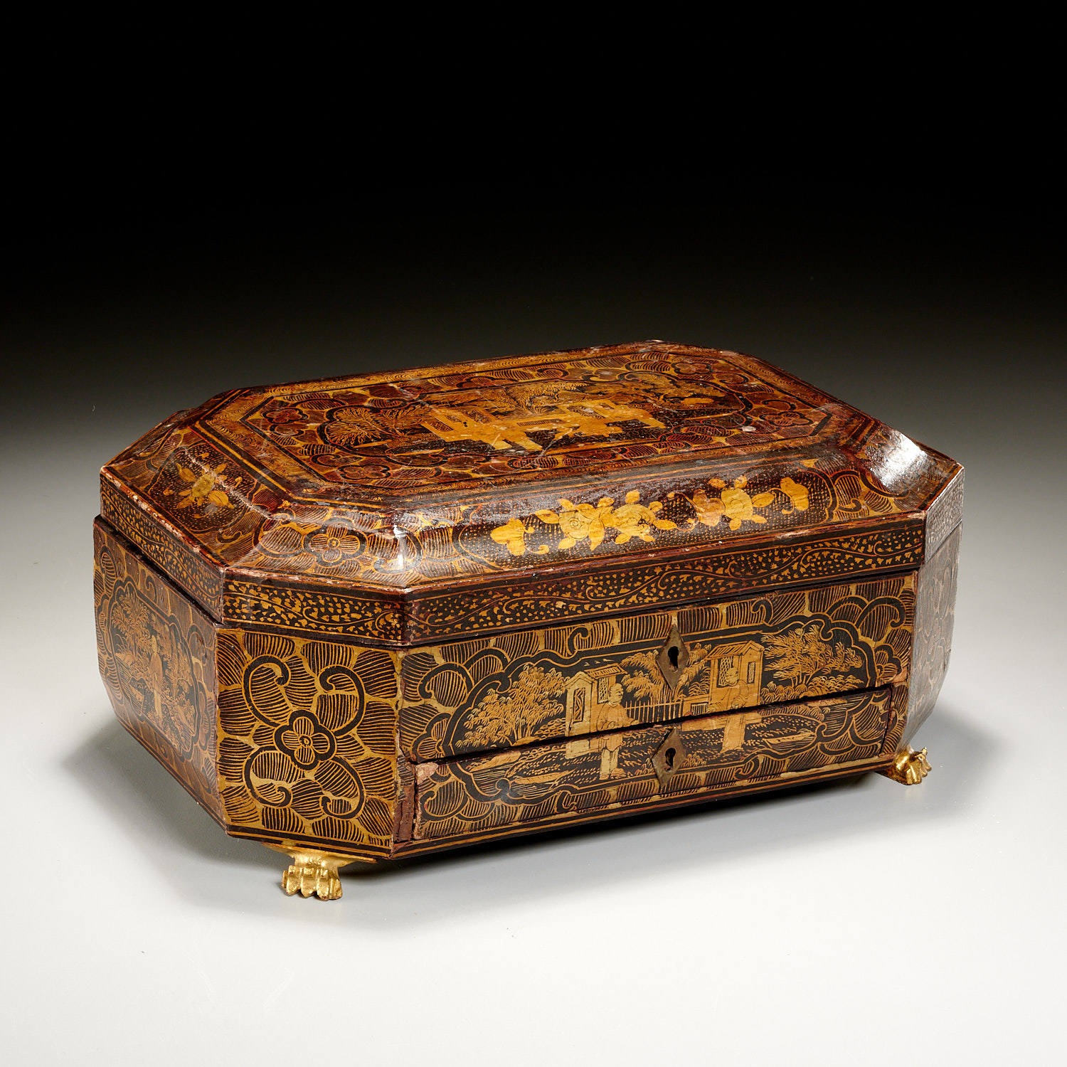 Appraisal: CHINESE EXPORT GILT LACQUER SEWING BOX Qing Dynasty th c