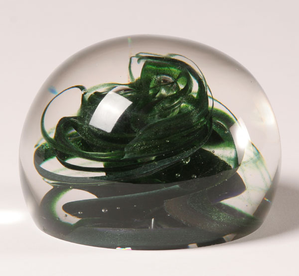 Appraisal: Studio art glass paperweight internally decorated with green spirals and