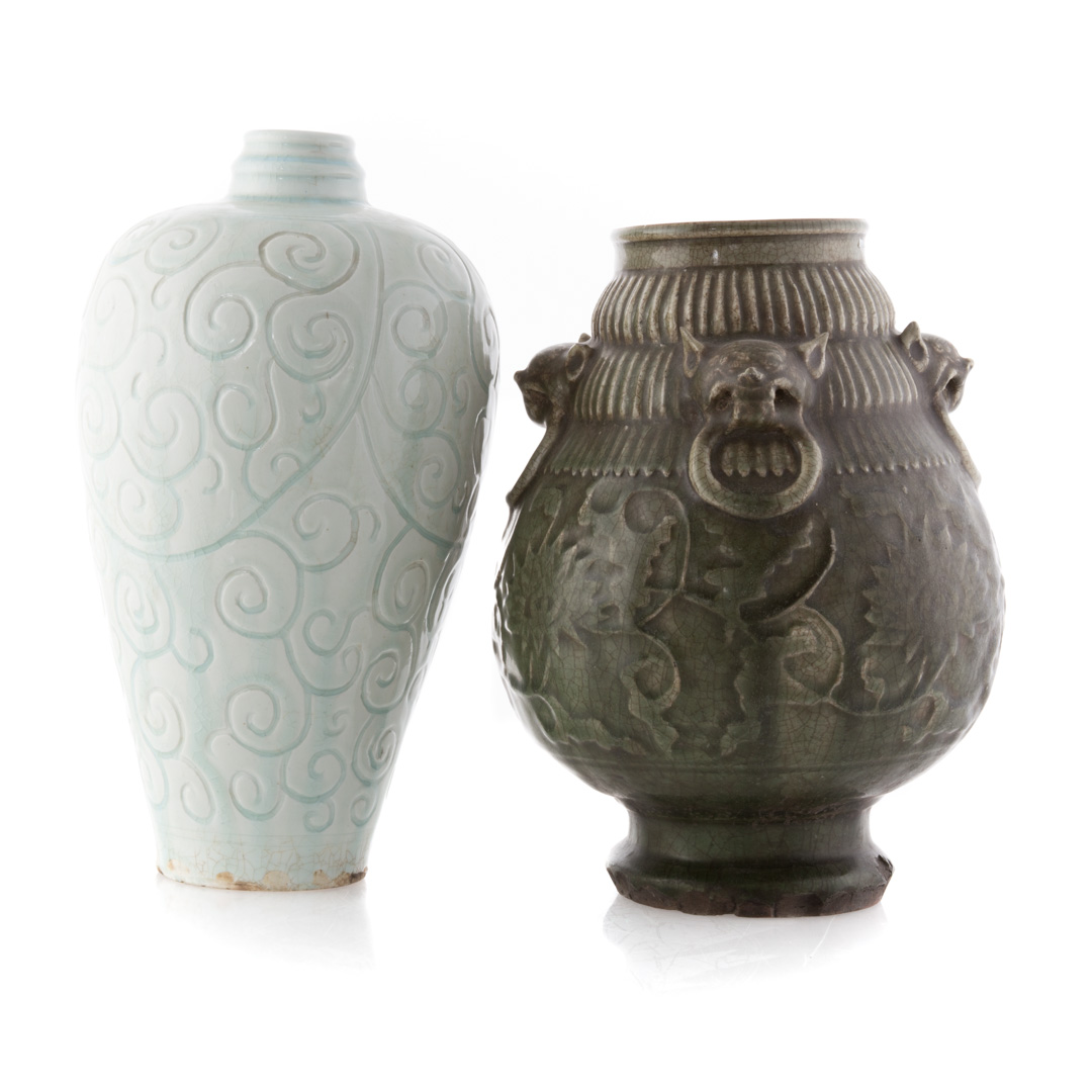 Appraisal: Two Chinese archaic style celadon vases and in H Condition