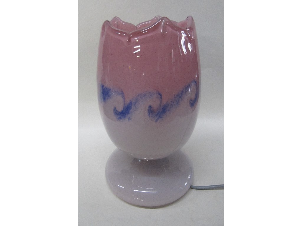 Appraisal: Scottish glass tulip lamp in pink with blue swirls