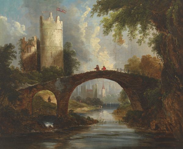 Appraisal: BRITISH SCHOOL TH CENTURY x Fisherman on a bridge Oil