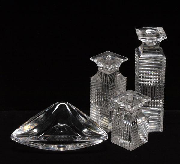 Appraisal: Val St Lambert glass candlesticks and ashtray three candlesticks of