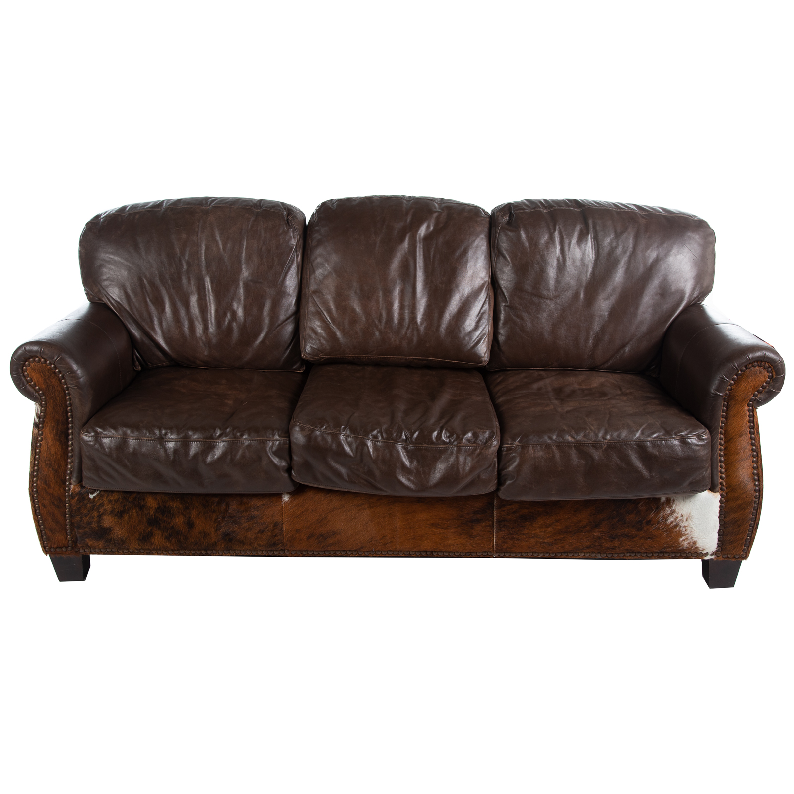 Appraisal: COWHIDE LEATHER UPHOLSTERED SOFA th century made by Coja Leather