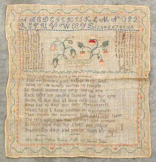 Appraisal: American silk on linen needlework sampler inscribed Ann Bond's Work