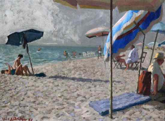 Appraisal: John Aldridge - oil on board Sunbathers on the beach