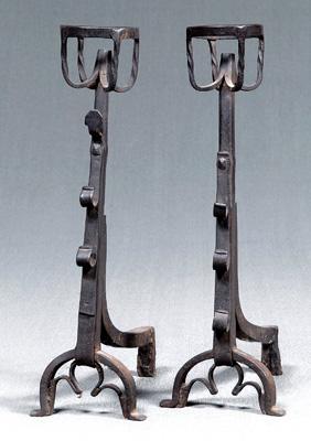 Appraisal: Pair Gothic wrought iron andirons heavy wrought iron throughout Gothic