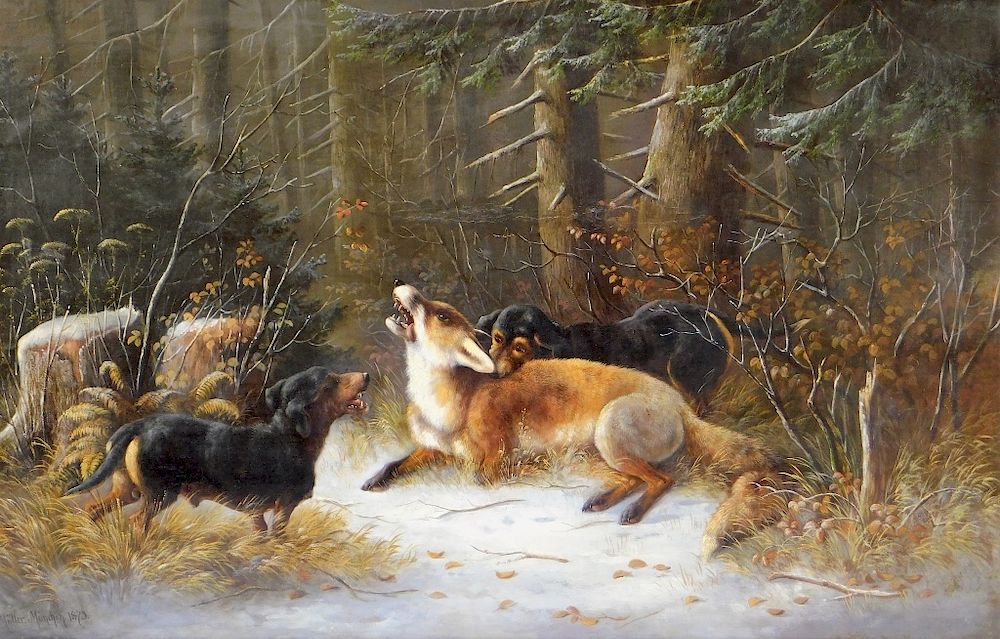 Appraisal: Moritz Muller O C Dachshund Dog Fox Hunt Painting Moritz