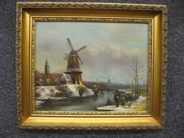 Appraisal: Dutch Oil on Board skaters on a frozen pond windmills