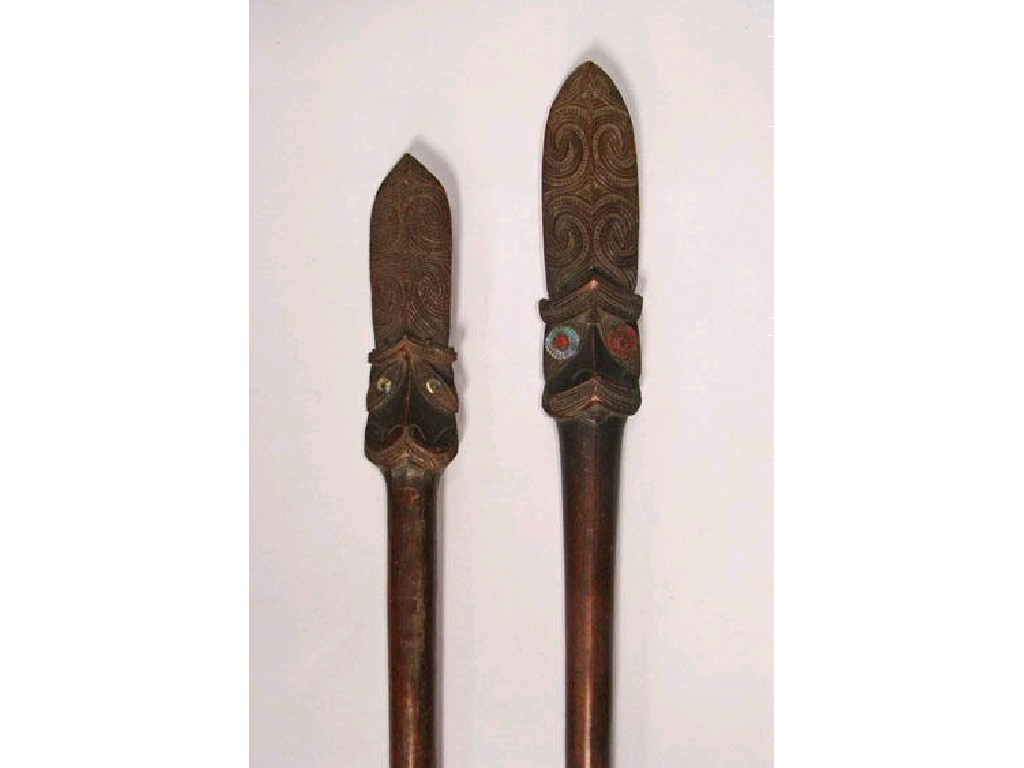 Appraisal: TWO SOUTH SEA ISLAND CEREMONIAL SPEARS each with carved terminals