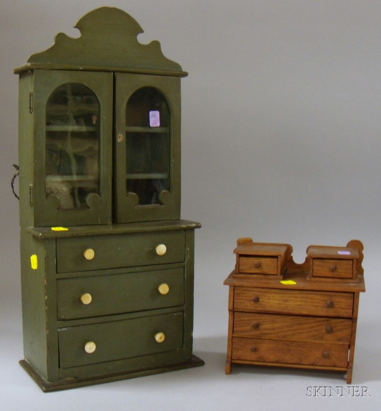 Appraisal: Green-painted Miniature Wooden Step-back Cupboard and a Doll's Oak Bureau