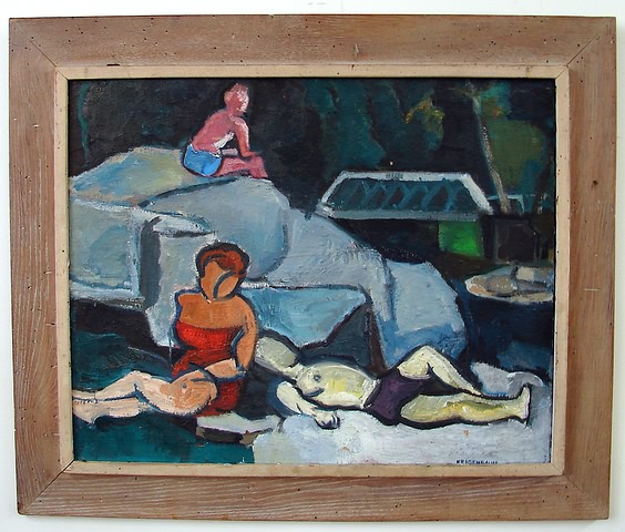 Appraisal: Three figures relaxing oil on canvas x SLR Feigenbaum craquelure