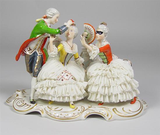 Appraisal: Dresden Masquerade Large figural group with white lace draped ladies