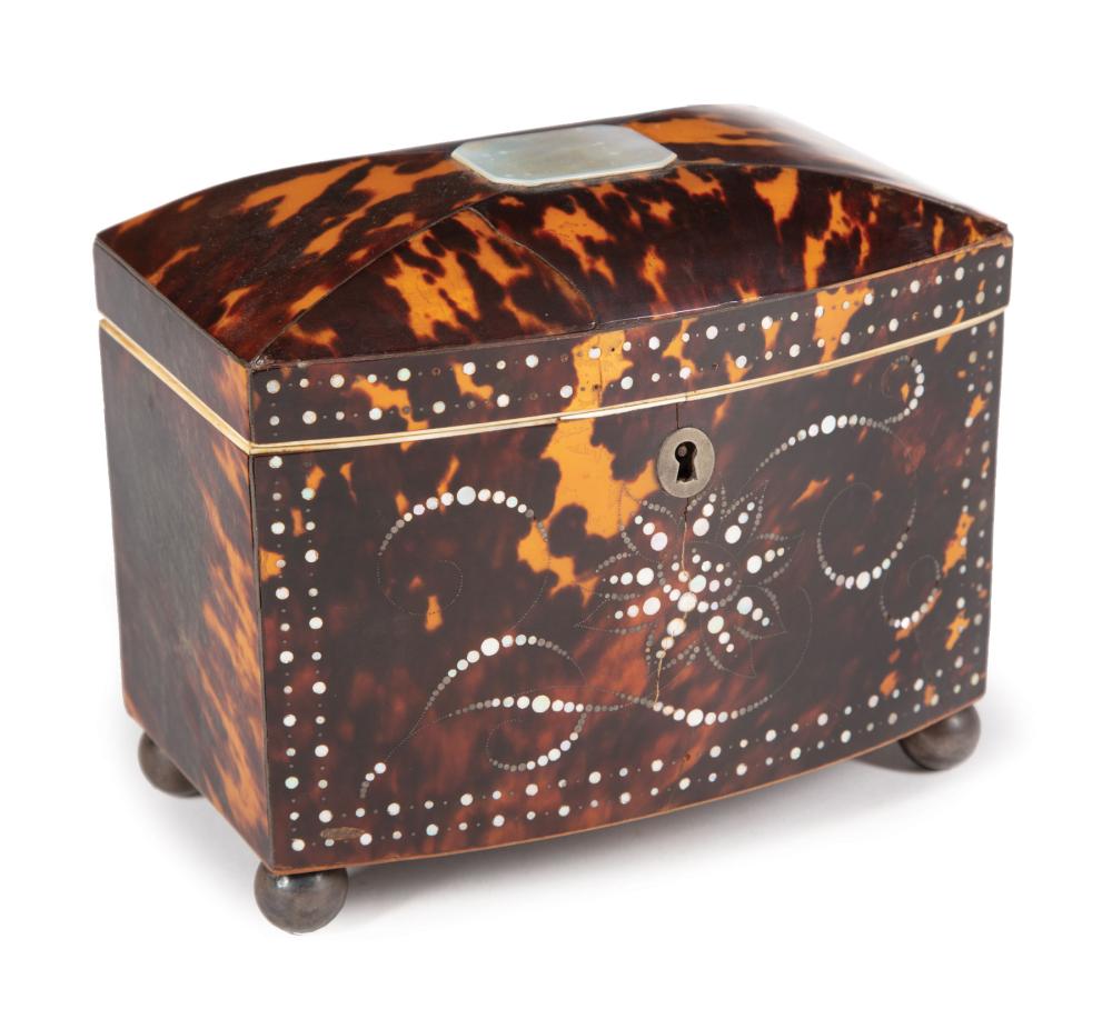 Appraisal: William IV Mother-of-Pearl Inlaid Tortoiseshell Bowfront Tea Caddy th c