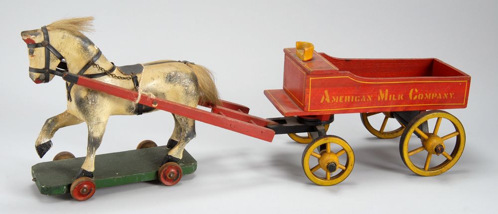 Appraisal: CHILD'S PAINTED WOODEN HORSE-DRAWN CART PULL-TOY th CenturyRed and yellow