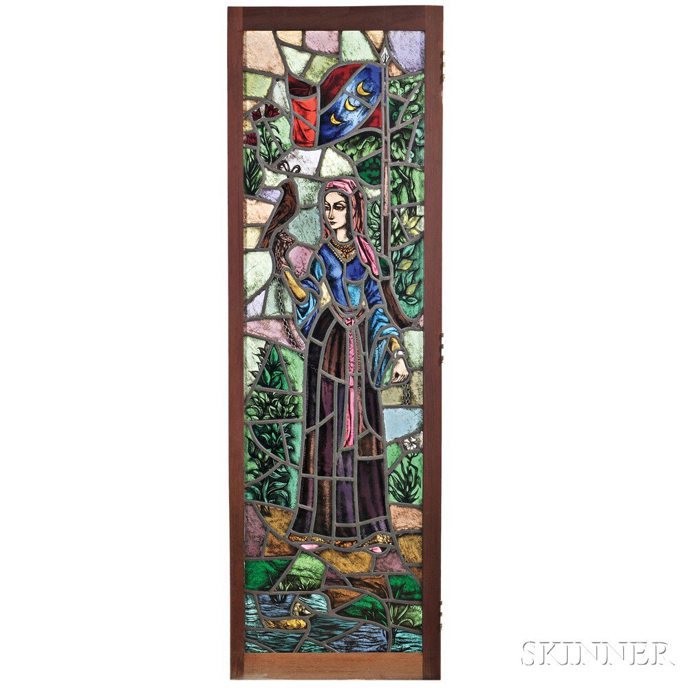 Appraisal: Pair of Stained Glass Panels Depicting Medieval-style Ladies attributed to