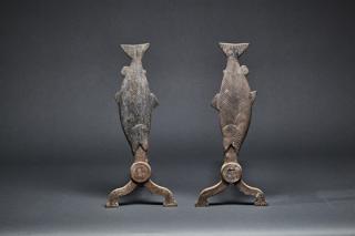 Appraisal: Pair of Salmon Andirons Pair of Salmon Andirons by by