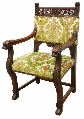 Appraisal: French Renaissance Revival armchair th c richly carved walnut frame