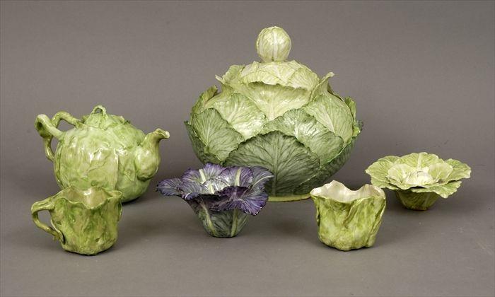 Appraisal: Italian Majolica Cabbage-Form Three-Piece Tea Service Comprising a teapot sugar