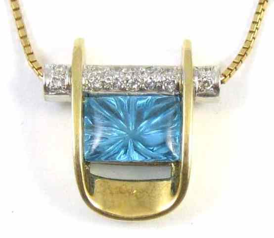 Appraisal: BLUE TOPAZ AND DIAMOND PENDANT NECKLACE the pendant is suspended