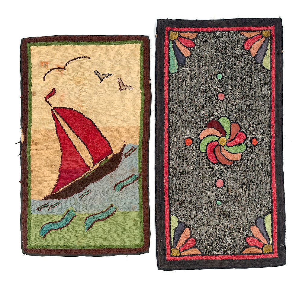 Appraisal: Early Folk Art Hooked Rugs Sailing Ship Shows wear Please