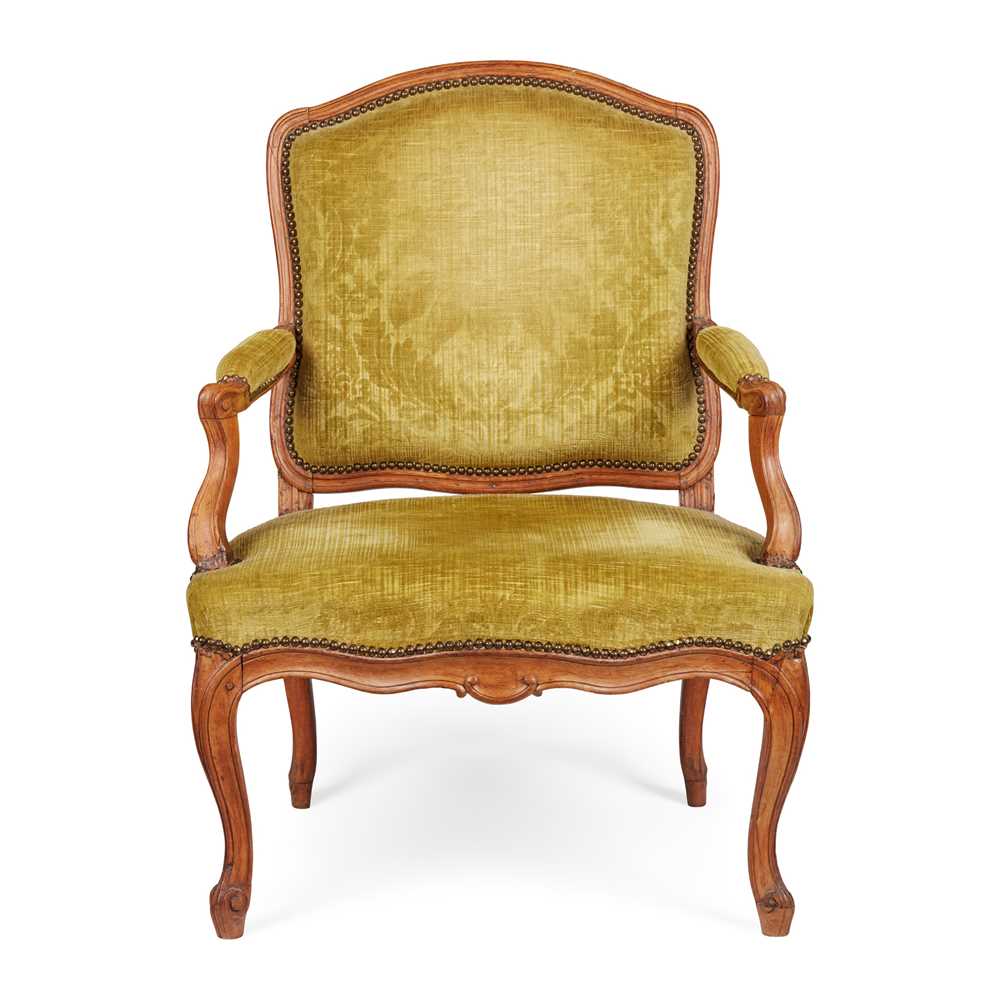 Appraisal: FRENCH LOUIS XV BEECH FAUTEUIL TH CENTURY with a cartouche