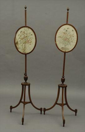 Appraisal: Pair of Edwardian Satinwood Pole Screens with Silk Panels