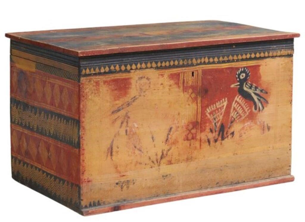 Appraisal: Paint decorated pine storage trunk likely Mexico in red and