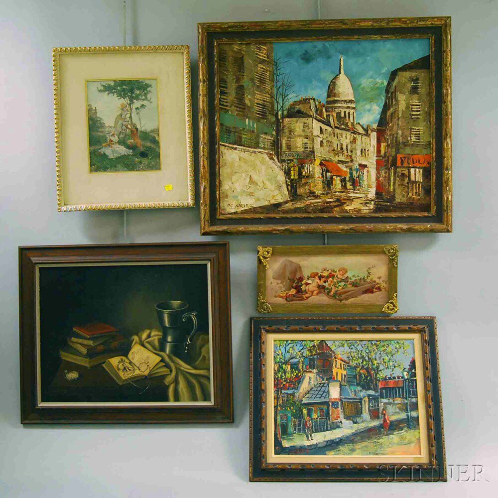 Appraisal: Five Assorted Framed Works a European genre scene a small