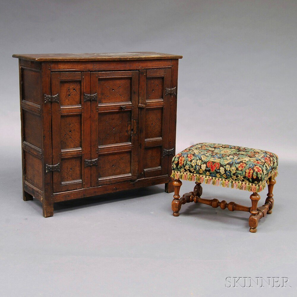 Appraisal: Upholstered Mahogany Footstool and an Oak Cupboard England th th