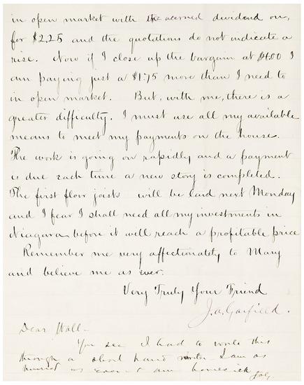 Appraisal: PRESIDENTS -- GARFIELD James A Letter signed to Ford concering