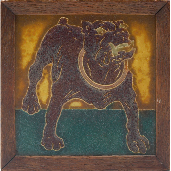 Appraisal: Unusual Grueby tile finely carved bull dog covered in colorful