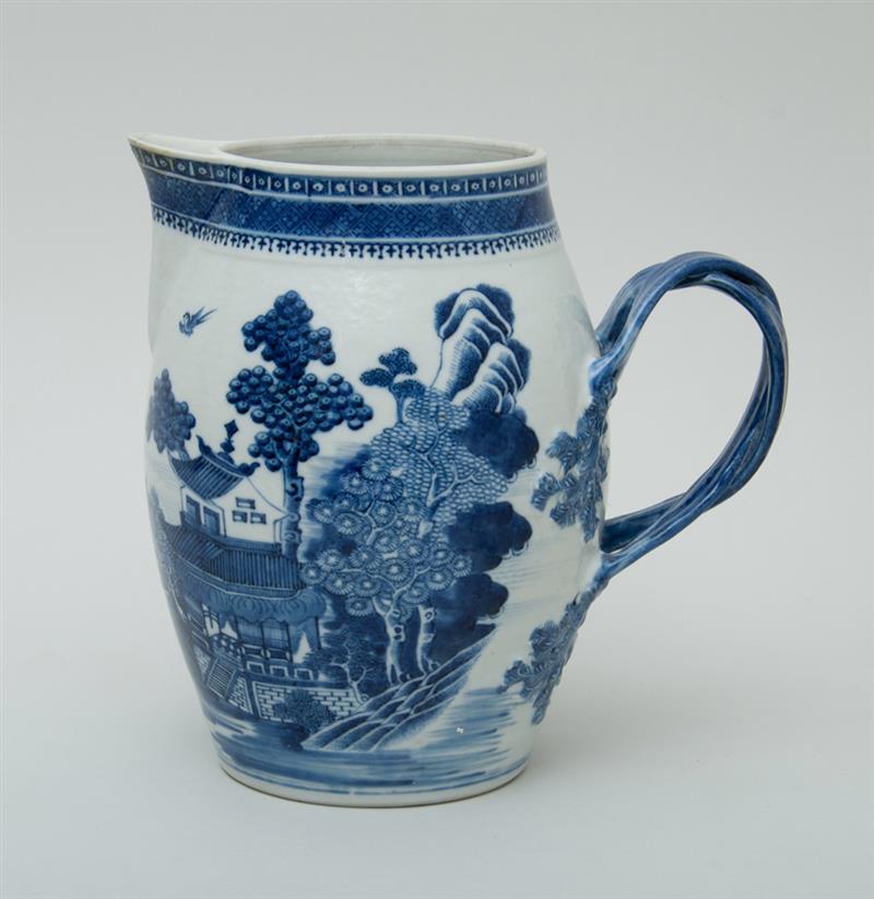 Appraisal: CANTON BLUE AND WHITE PORCELAIN WILLOW PATTERN BARREL-FORM CIDER JUG