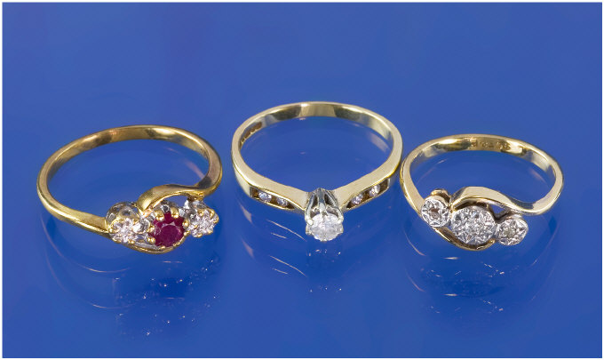 Appraisal: Collection Of Three ct Gold Diamond Rings Comprising Single Stone