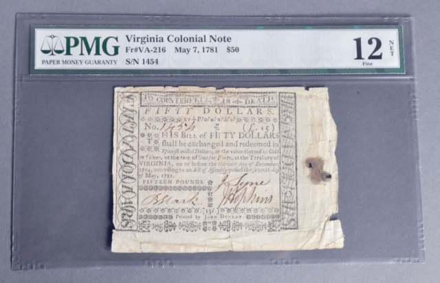 Appraisal: Virginia Colonial Note Act of May For dollars Slabbed by