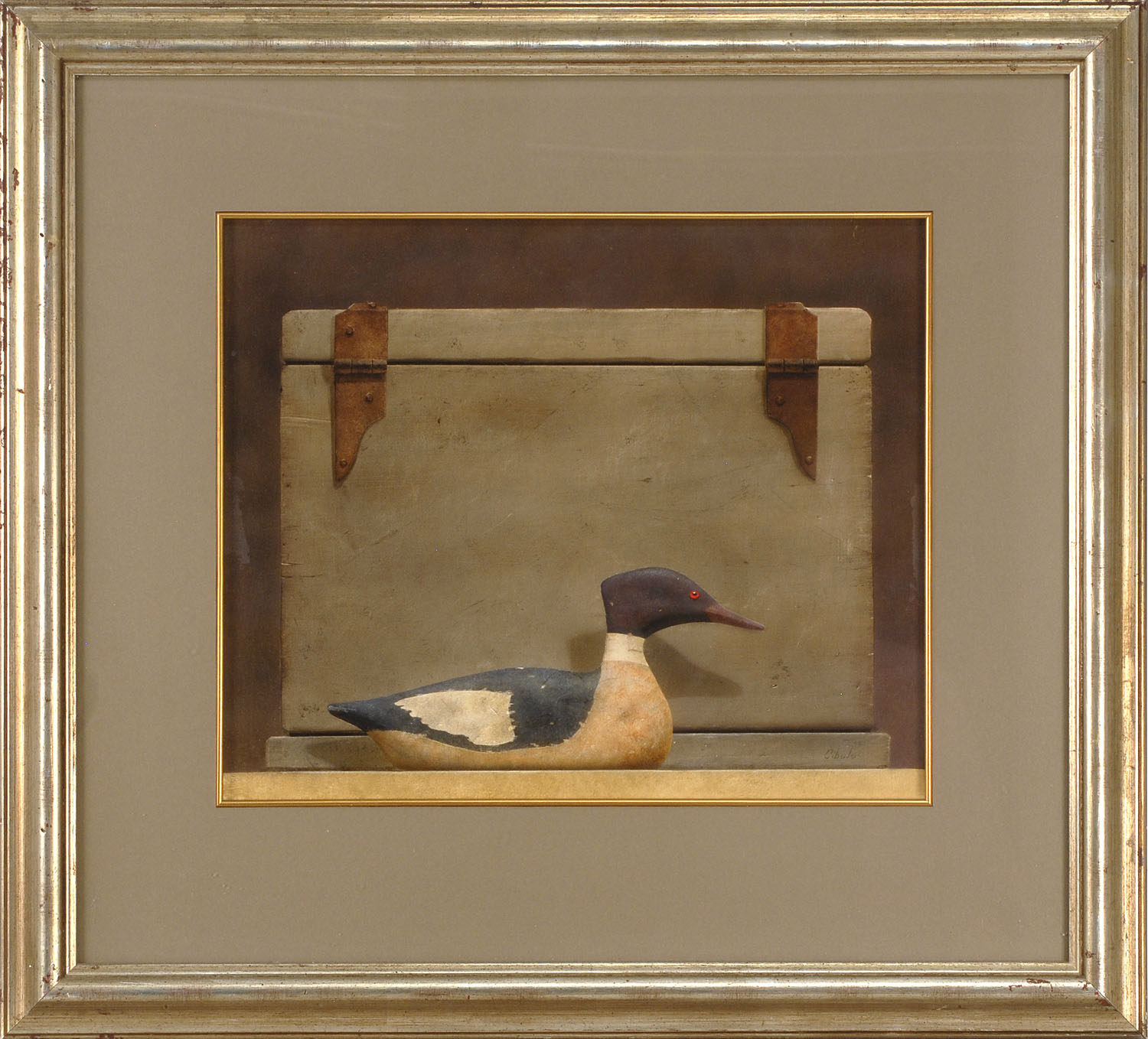 Appraisal: JOSEPH CIBULAAmerican b Portrait of a merganser decoy in front