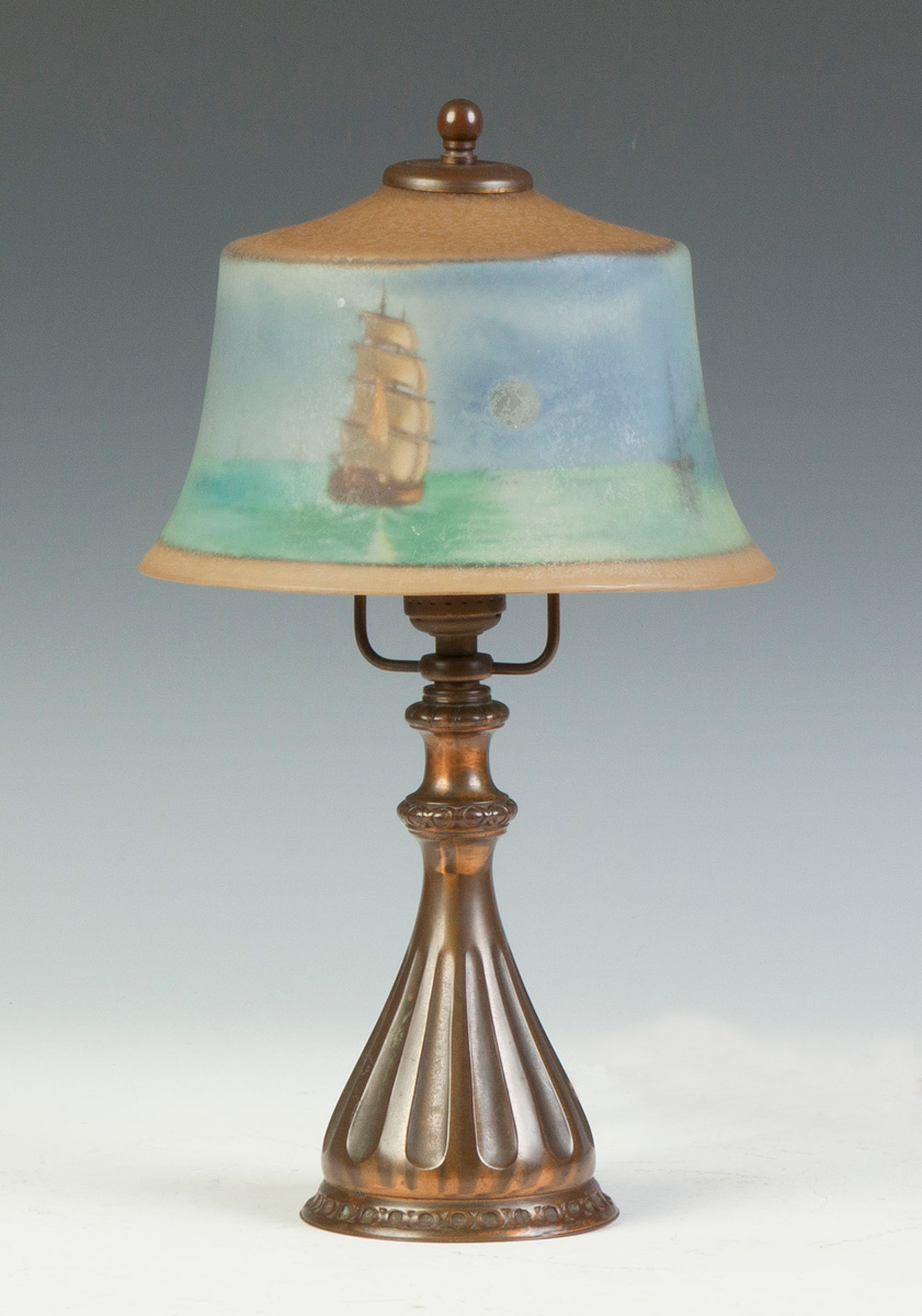 Appraisal: Pairpoint Boudoir Lamp with Sailing Ships Shade excellent Base Sgn